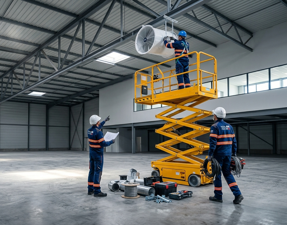 Entrepôt confortable avec déstratificateurs en fonctionnement